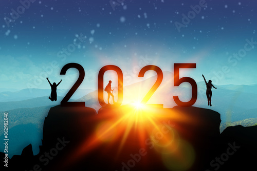 New year 2025 or straight forward concept. Text 2024 to 2025 written on the mountain top with at sunrise. Concept of planning, goal, challenge, new year resolution and start. High quality photo