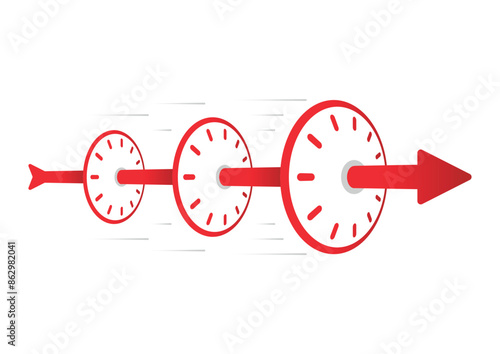 three clock dials and red arrow sign. time management concept. Red arrow sign piercing the clocks