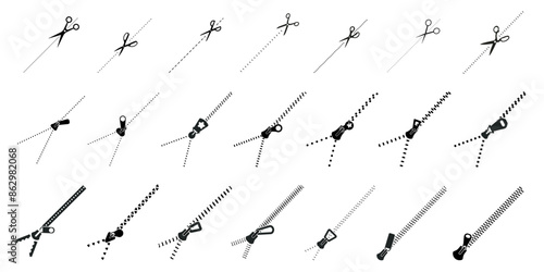 Zippers and scissors for package, shows the place of opening icon set
