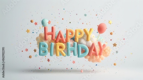 Colorful 3D Happy Birthday text on white background with confetti