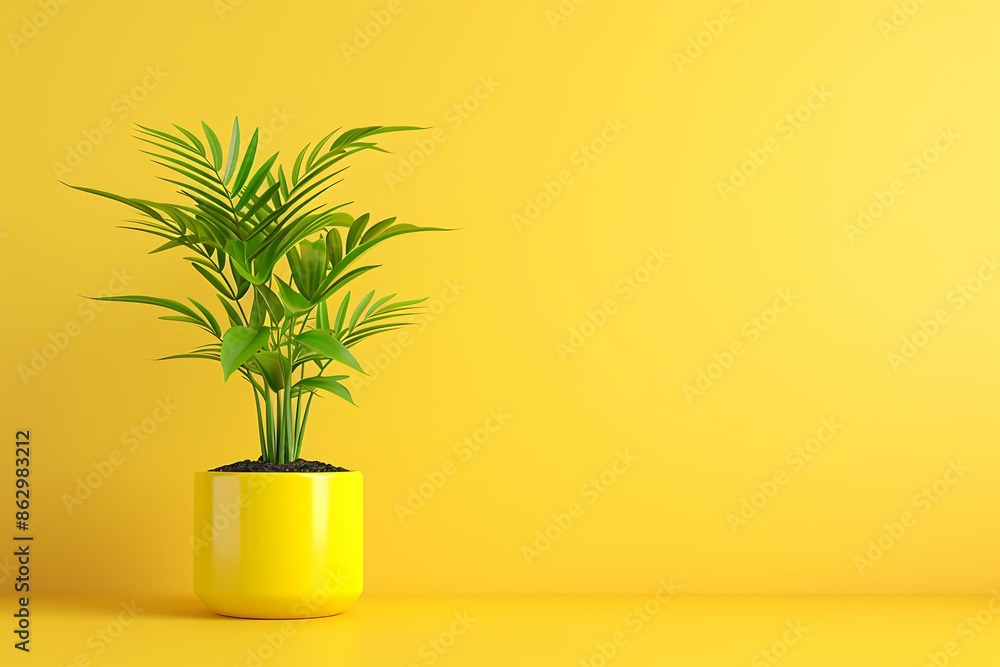 3D rendered green potted plant against a vivid yellow background, emphasizing freshness and vibrancy. 3D rendered green potted plant against a vivid yellow background, emphasizing freshness and vibrancy.
