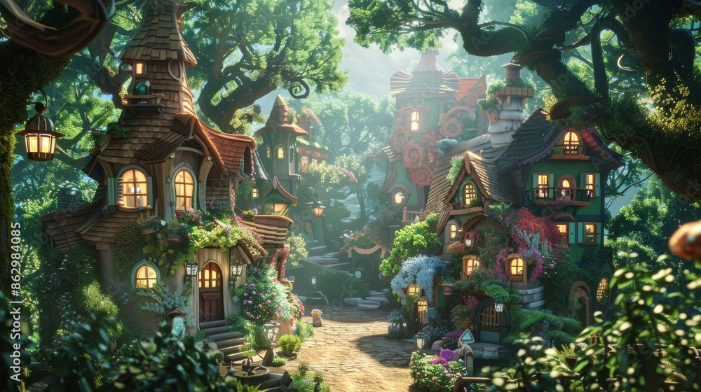 Obraz premium Illustration of A mystical village with animated houses, talking trees, and magical shops