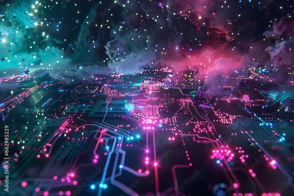 Fototapeta premium A surreal scene where the microchip is connected to a network of neonlit circuits floating in a dark