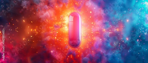 A top view of a glowing capsule in the center of a colorful, particlefilled background, with space around it for text, in a modern, minimalist design photo