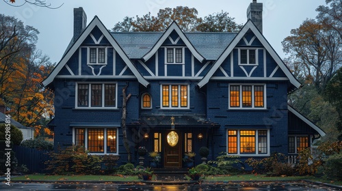 A navy blue Tudor house with crisp white beams, standing out in rainy weather, © Ibrar Artist