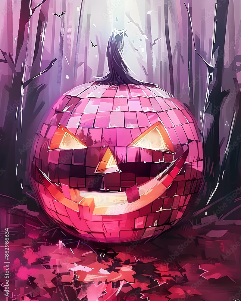 painting illustration, pink jack o'lantern disco ball with glowing eyes ...