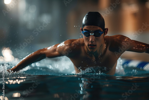 Professional swimmer mid-stroke, backlit in a dimly lit studio, athletically toned body in a sleek swimsuit, captured in crisp detail.