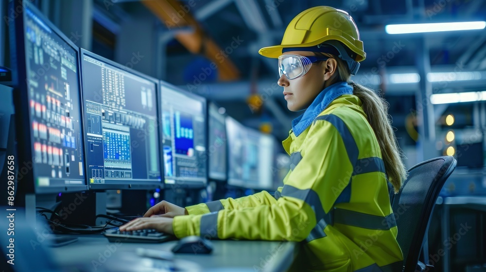 Female engineer overseeing systems in hightech industrial control room, emphasizing automation, technology, precision Female engineer overseeing systems in hightech industrial control room, emphasizing automation, technology, precision