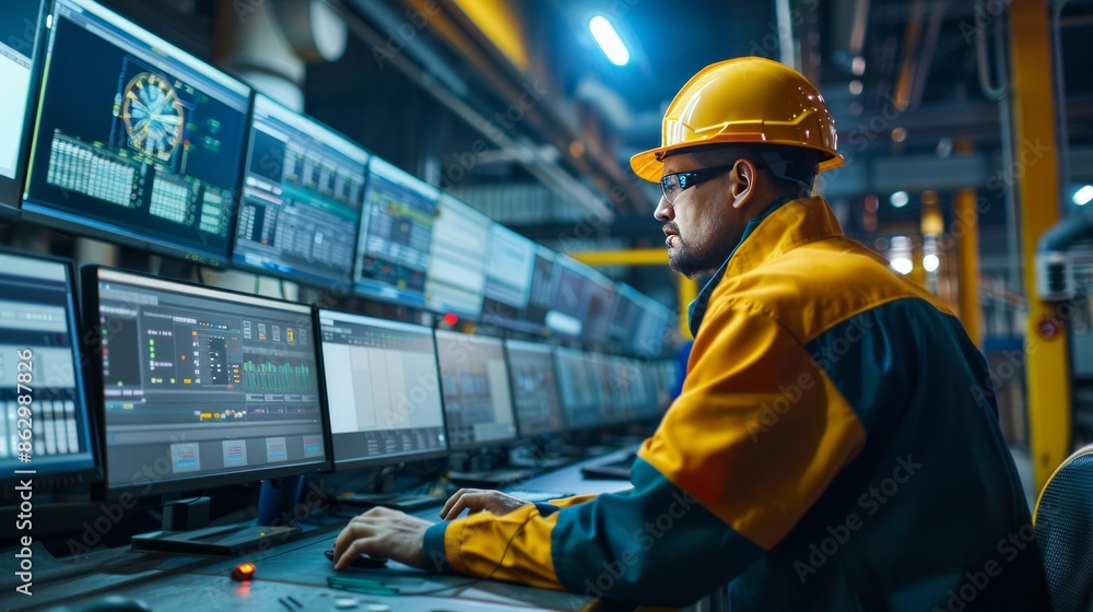 Female engineer overseeing systems in hightech industrial control room, emphasizing automation, technology, precision Female engineer overseeing systems in hightech industrial control room, emphasizing automation, technology, precision