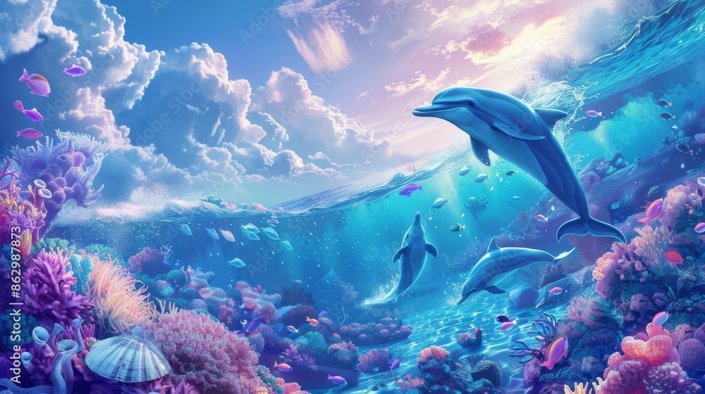 Fototapeta premium Illustration of A whimsical ocean with talking dolphins, magical waves, and enchanted seashells