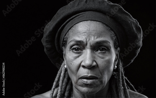 Wallpaper Mural Intense black and white portrait of a senior woman with rasta hair, captured with an anxious expression that reflects inner conflict, stress, and emotional struggle. Torontodigital.ca