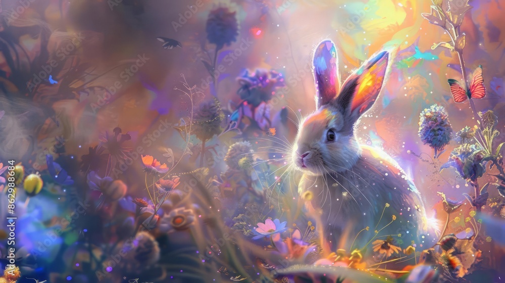 An abstract representation of a magical bunny with sparkling Easter eggs, enchanted flowers, and ethereal butterflies, in a surreal, dreamlike setting with vivid, swirling colors An abstract representation of a magical bunny with sparkling Easter eggs, enchanted flowers, and ethereal butterflies, in a surreal, dreamlike setting with vivid, swirling colors
