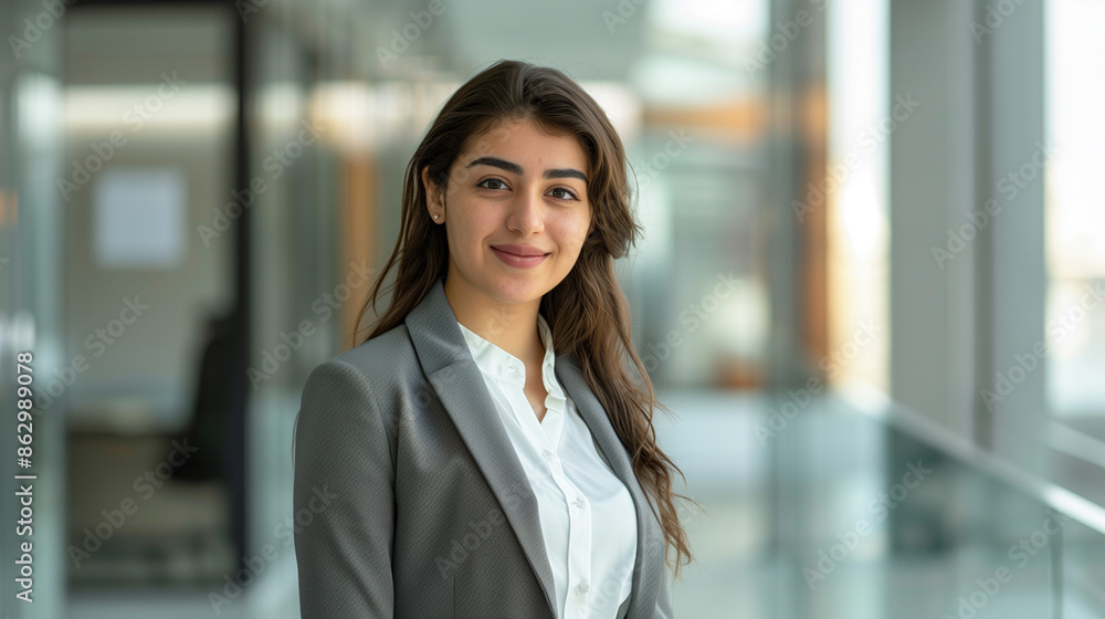 Portrait of a Middle Eastern female office worker standing with a confident smile. She is dressed in a formal business suit with a white blouse and a navy blue blazer. a modern office Portrait of a Middle Eastern female office worker standing with a confident smile. She is dressed in a formal business suit with a white blouse and a navy blue blazer. a modern office