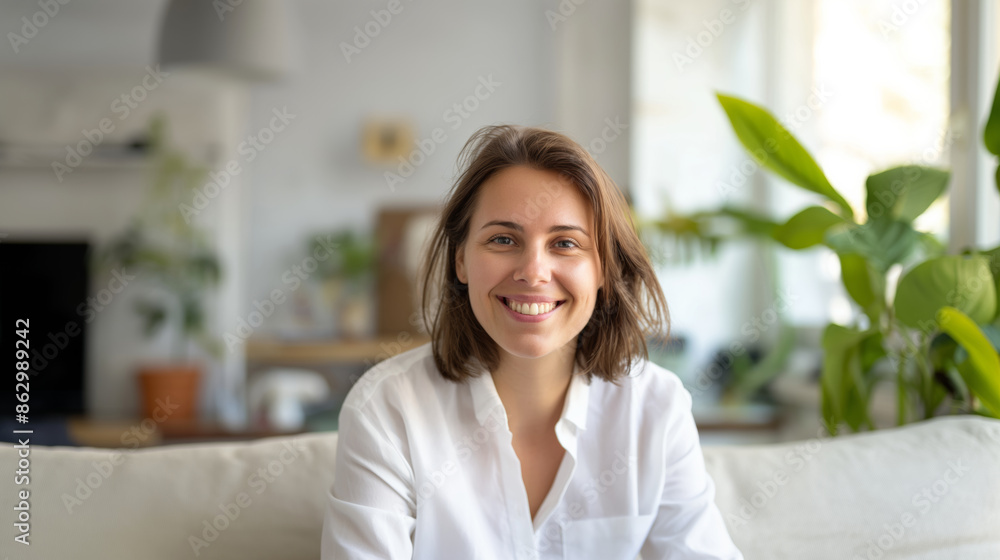 Woman smiling on a white couch in a brightly lit living room. Woman smiling on a white couch in a brightly lit living room.
