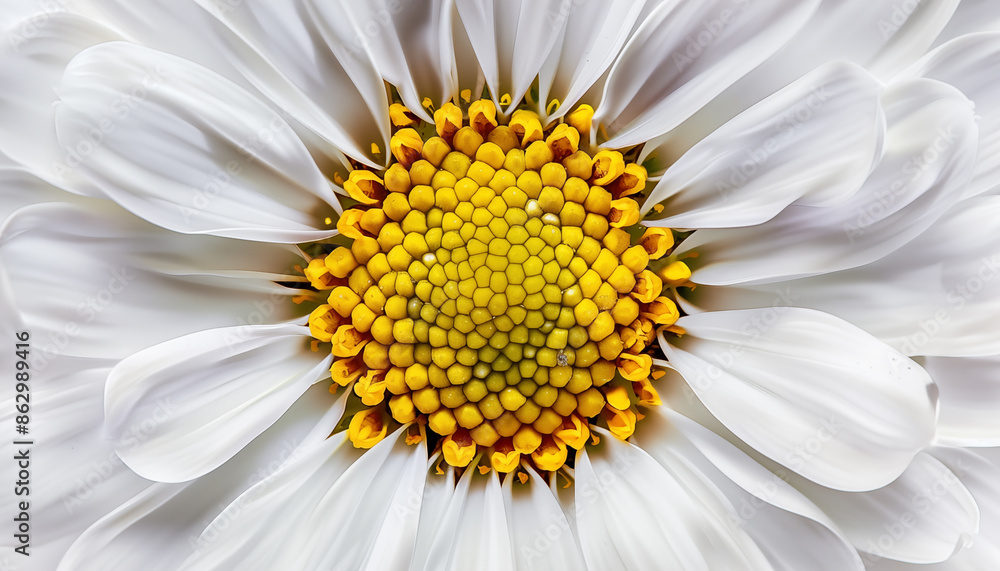 Macro center of chamomile mandala on White. Concentric Daisy Flower Kaleidoscope. Macro center of chamomile mandala on White. Concentric Daisy Flower Kaleidoscope.