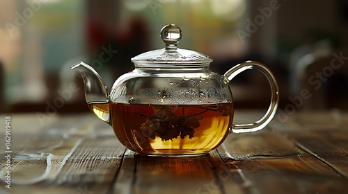 tea in a glass teapot on a wooden table in the garden