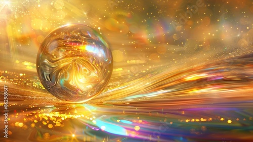 A background featuring glittering gold light waves falling from crystals, centered around a crystal round ball with rainbow waves.