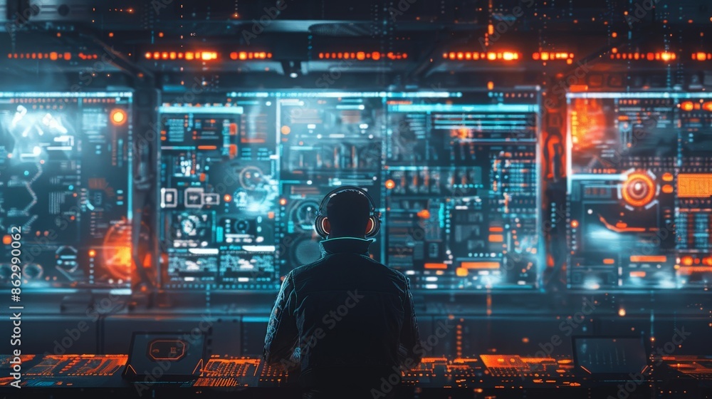 Tech engineer monitoring futuristic holographic interface in high-tech control room, glowing data screens and advanced technology. Tech engineer monitoring futuristic holographic interface in high-tech control room, glowing data screens and advanced technology.