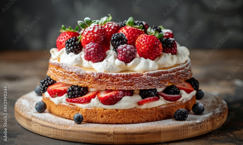 Two Tiered Strawberry And Blackberry Cake On Wooden Board Two Tiered Strawberry And Blackberry Cake On Wooden Board