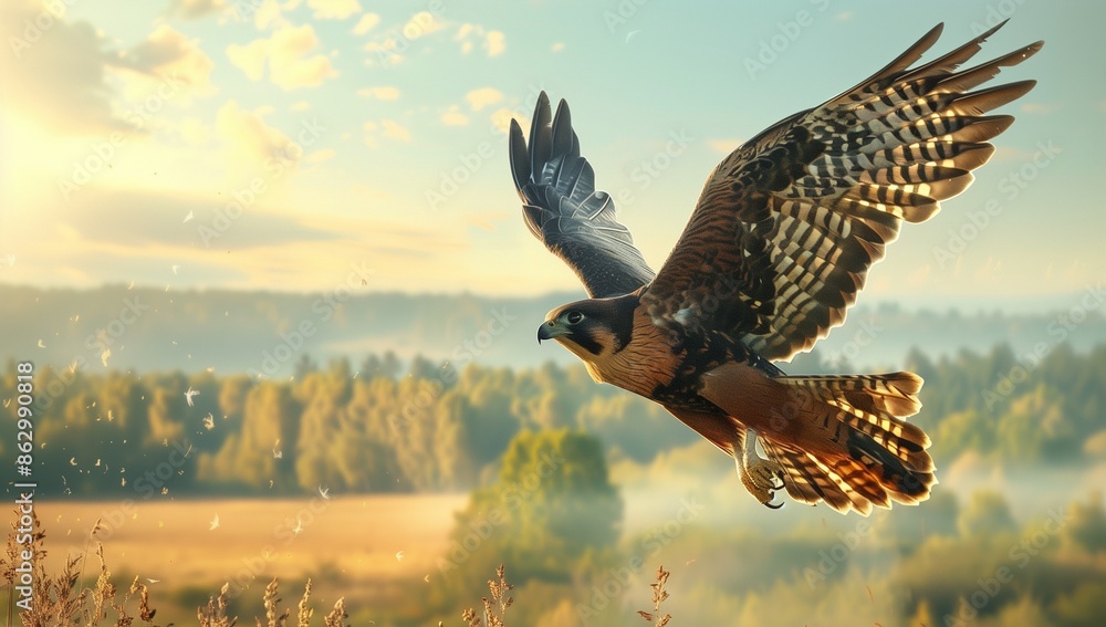 Φωτογραφία A majestic falcon soaring high above the countryside, its wings spread wide as it captures prey in mid-air