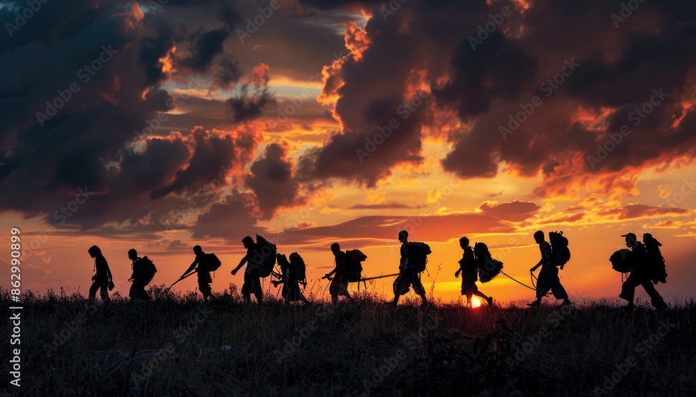Φωτογραφία Sunset Serenity: Silhouettes of Trekkers with Backpacks Journeying Through the Savannah, Embracing Nature’s Beauty and the Tranquil Evening Sky