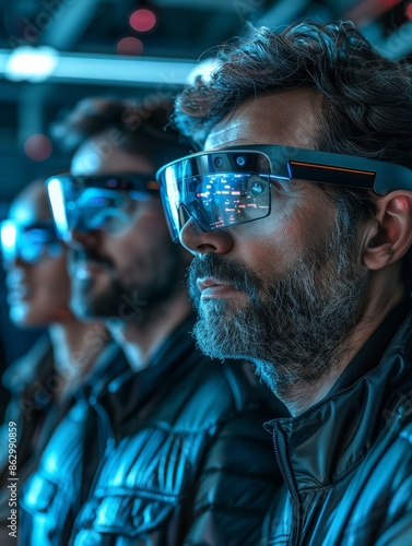 Group of people wearing futuristic AR glasses, focusing on virtual information, futuristic technology setting, blue-lit environment. © sathon