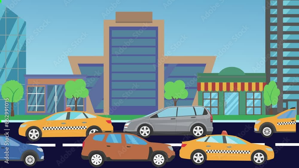 Cartoon Animation of city background with cars running on the way Cartoon Animation of city background with cars running on the way