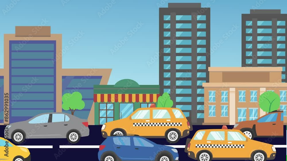 Cartoon Animation of city background with cars running on the way Cartoon Animation of city background with cars running on the way