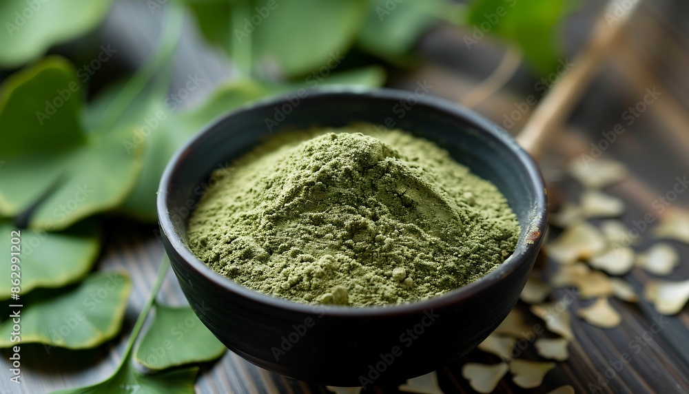 Ginkgo biloba powder with fresh ginkgo leaves. Ginkgo biloba powder with fresh ginkgo leaves.