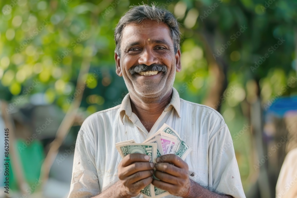 Fototapeta premium Middle aged Indian farmer smiling showing monthly income financial concept.