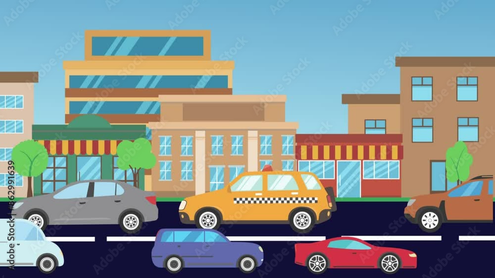 Cartoon Animation of city background with cars running on the way Cartoon Animation of city background with cars running on the way