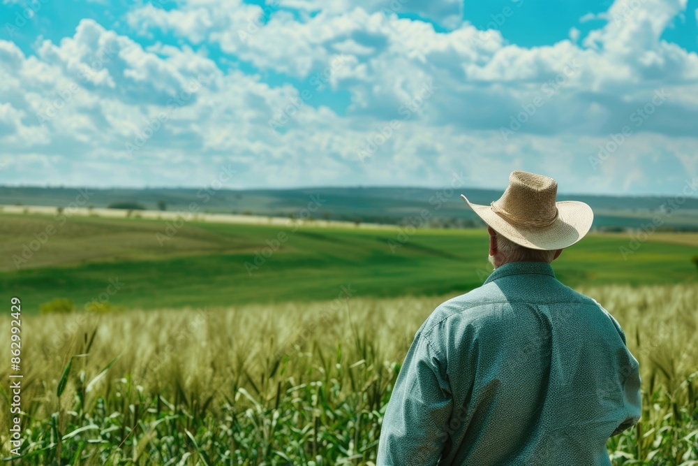 Farmer looking at his beautiful contrasting field Farmer looking at his beautiful contrasting field