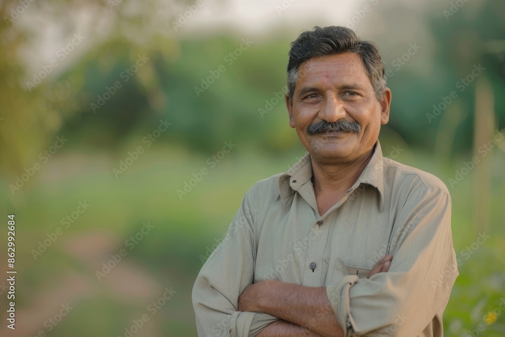 Smiling Indian farmer in field with crossed hands. Smiling Indian farmer in field with crossed hands.
