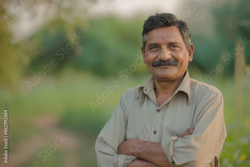 Smiling Indian farmer in field with crossed hands. photo