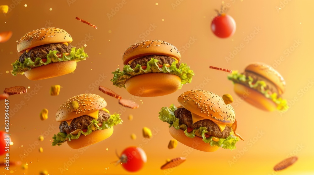 Flying Burgers with Ingredients on Orange Background, Generative AI Flying Burgers with Ingredients on Orange Background, Generative AI