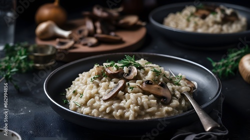 Close up view of appetizing mushroom risotto. 