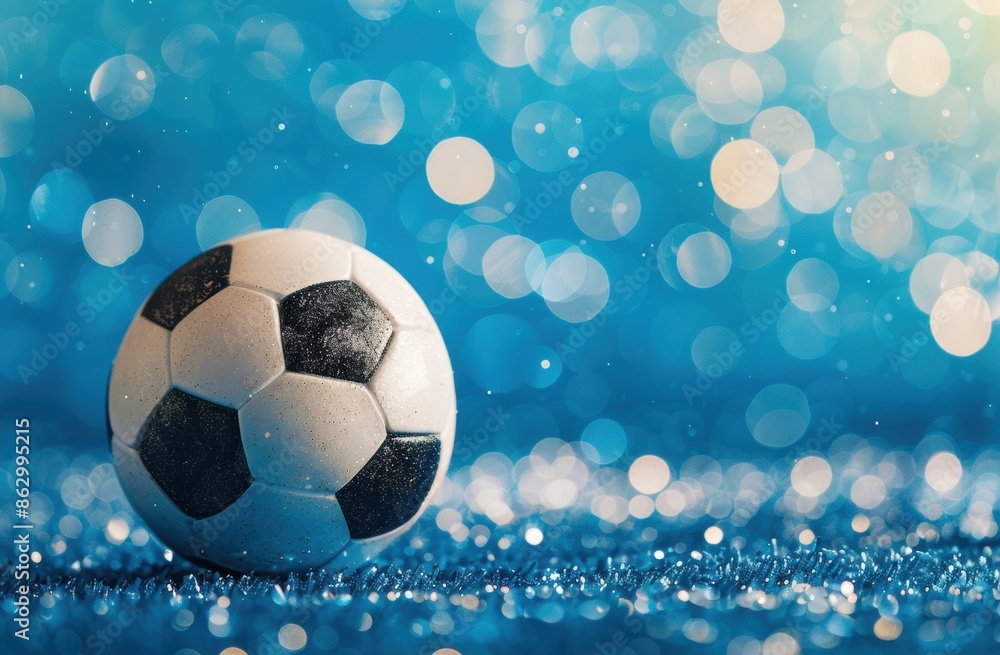 Fototapeta premium A soccer ball bends the net as it flies into the goal against a blue background, enhanced by cyber technology and bokeh light effects.