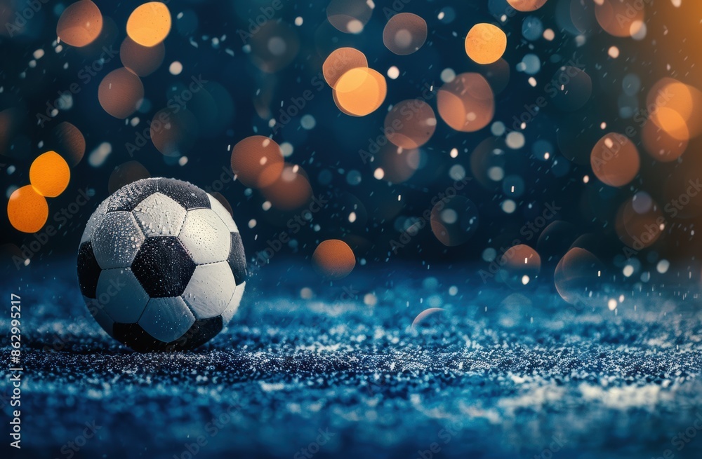 Fototapeta premium A soccer ball bends the net as it flies into the goal against a blue background, enhanced by cyber technology and bokeh light effects.