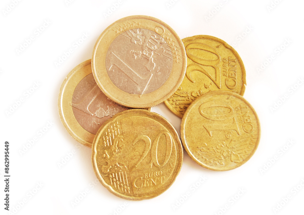 A top view of some euro coins isolated on white