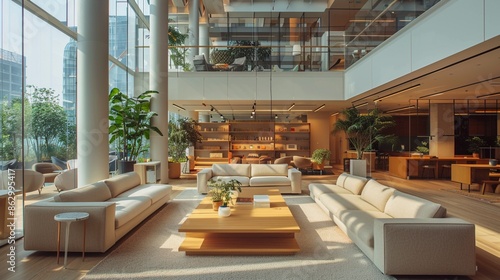 A corporate headquarters with a sleek lobby, open-plan workspaces, and a rooftop terrace for staff gatherings.