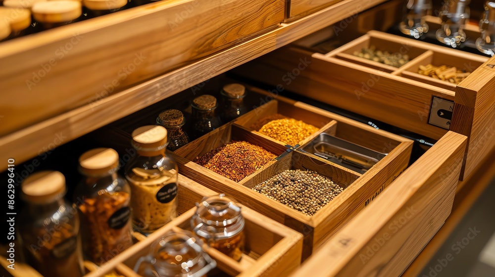 A drawer with a builtin spice rack A drawer with a builtin spice rack