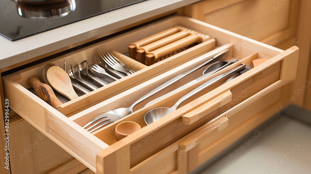 A drawer with a builtin utensil organizer A drawer with a builtin utensil organizer