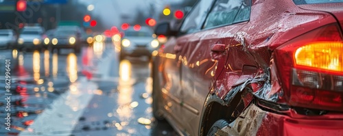 A rearended car with visible bumper damage in a busy intersection, traffic backed up Rearend collision Highlighting collision consequences photo