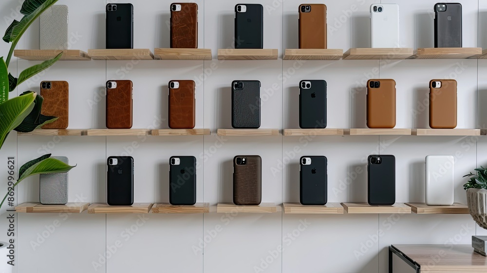 A Symphony of Colors: Phone Cases on Wooden Shelves A Symphony of Colors: Phone Cases on Wooden Shelves