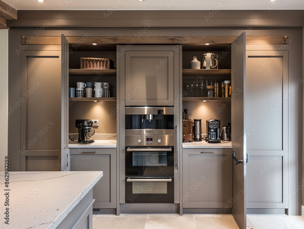 A kitchen with a builtin coffee station