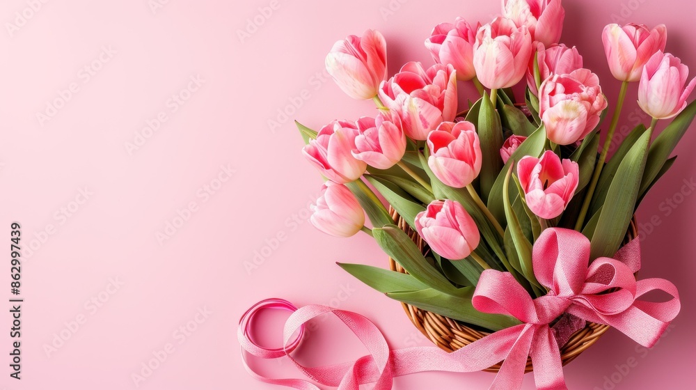 Pink tulips in basket with ribbons, isolated on pink background Pink tulips in basket with ribbons, isolated on pink background