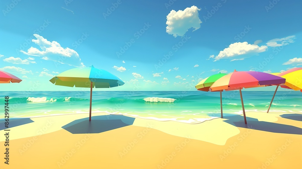 Fototapeta premium beautiful beach with colorful sunshades, 3d cartoon landscape