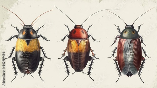 Cockroach development phases, biological element, handdrawn illustration, earthy tones, isolated on white background photo