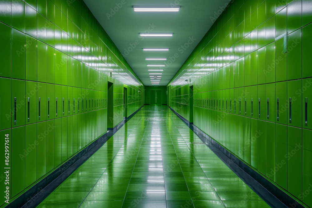 Fototapeta premium Green Corridor with Lockers: A Modern Architectural Interior