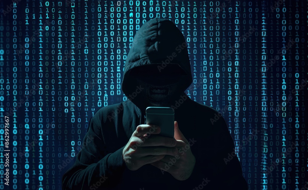 © Stocks Buddy - A hacker wearing hoodie and holding phone on binary code background © Stocks Buddy - A hacker wearing hoodie and holding phone on binary code background